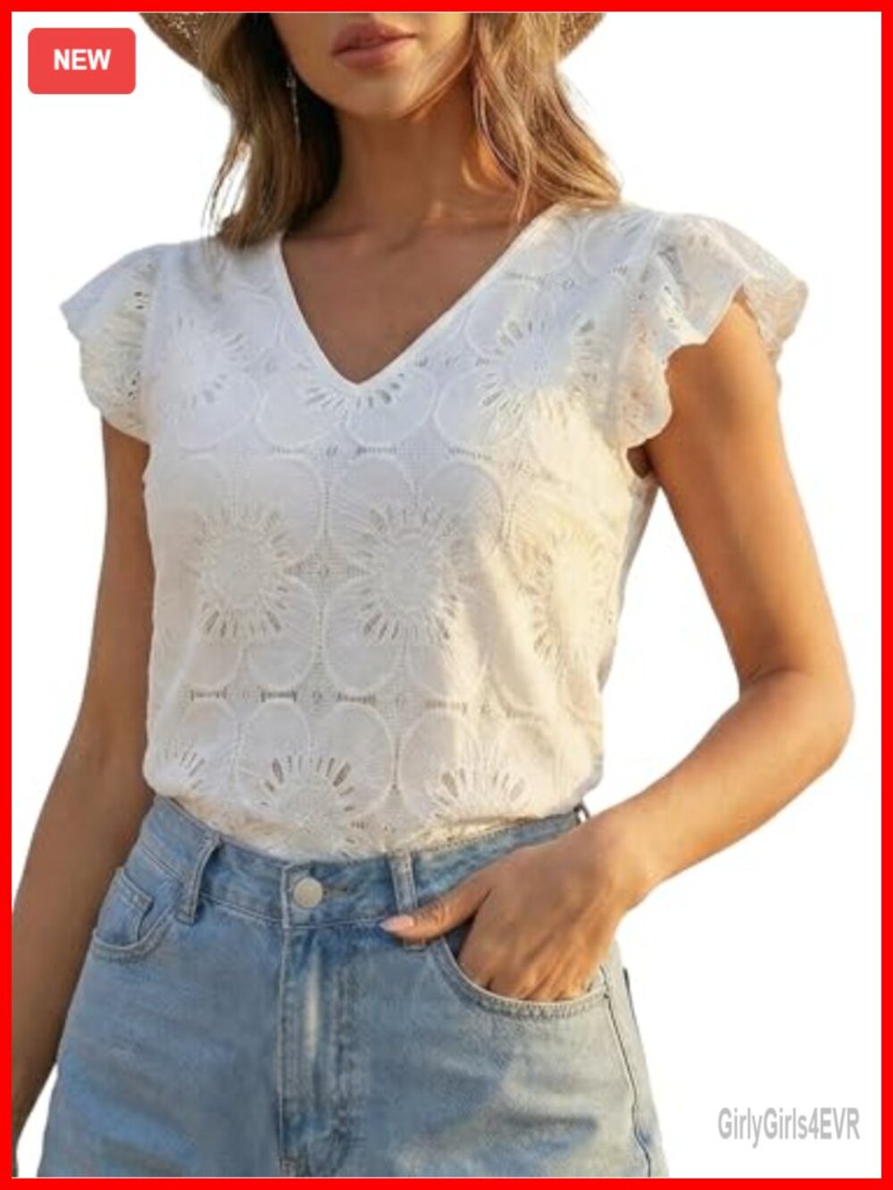 CUPSHE Lace Eyelet V Neck Crochet Short Sleeve Blouse Ruffle Top